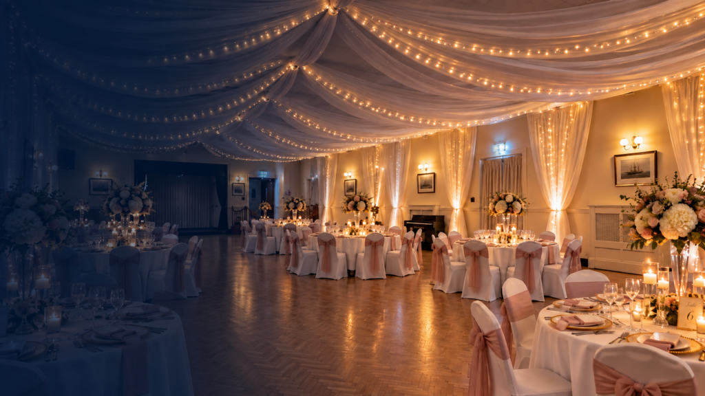 Dining Hall at Beverley Road Masonic Hall in Hull, decorated with ceiling drapes, warm fairy lights and dressed tables for a special event.