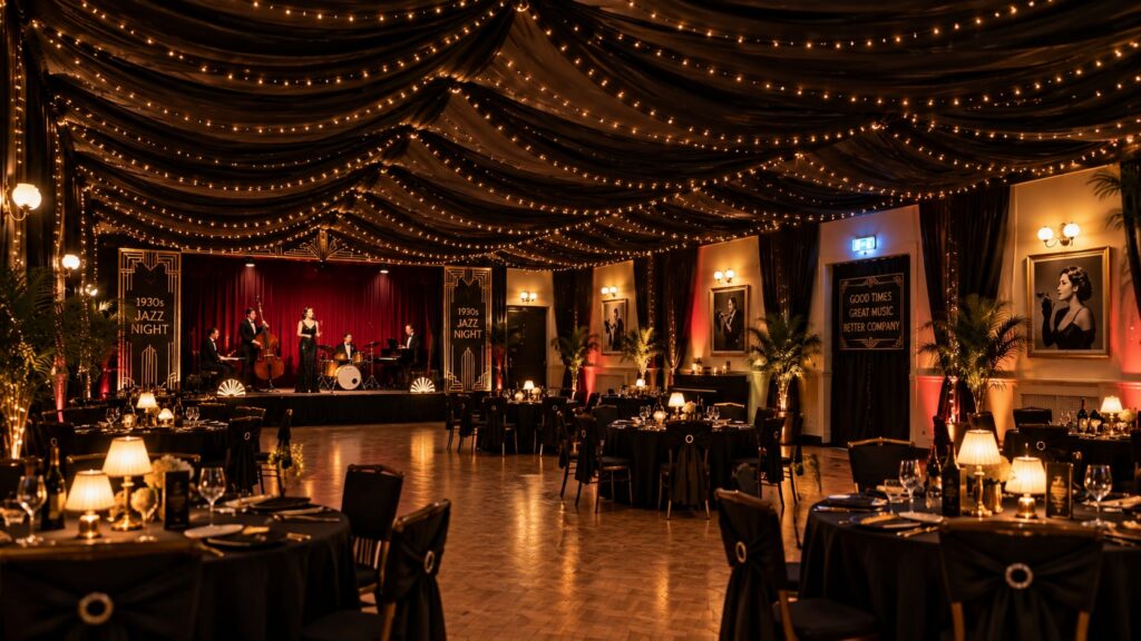 Dining Hall at Beverley Road Masonic Hall arranged for a live music evening, with warm decorative lighting and a performance area.