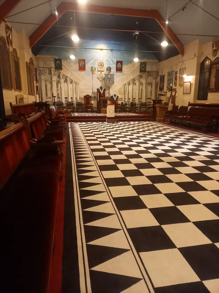 Interior of the Large Lodge Room at Beverley Road Masonic Hall in Hull, featuring traditional Masonic furnishings and ceremonial seating.