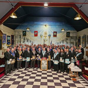 Group of Freemasons gathered at Beverley Road Masonic Hall in Hull, wearing traditional Masonic regalia.